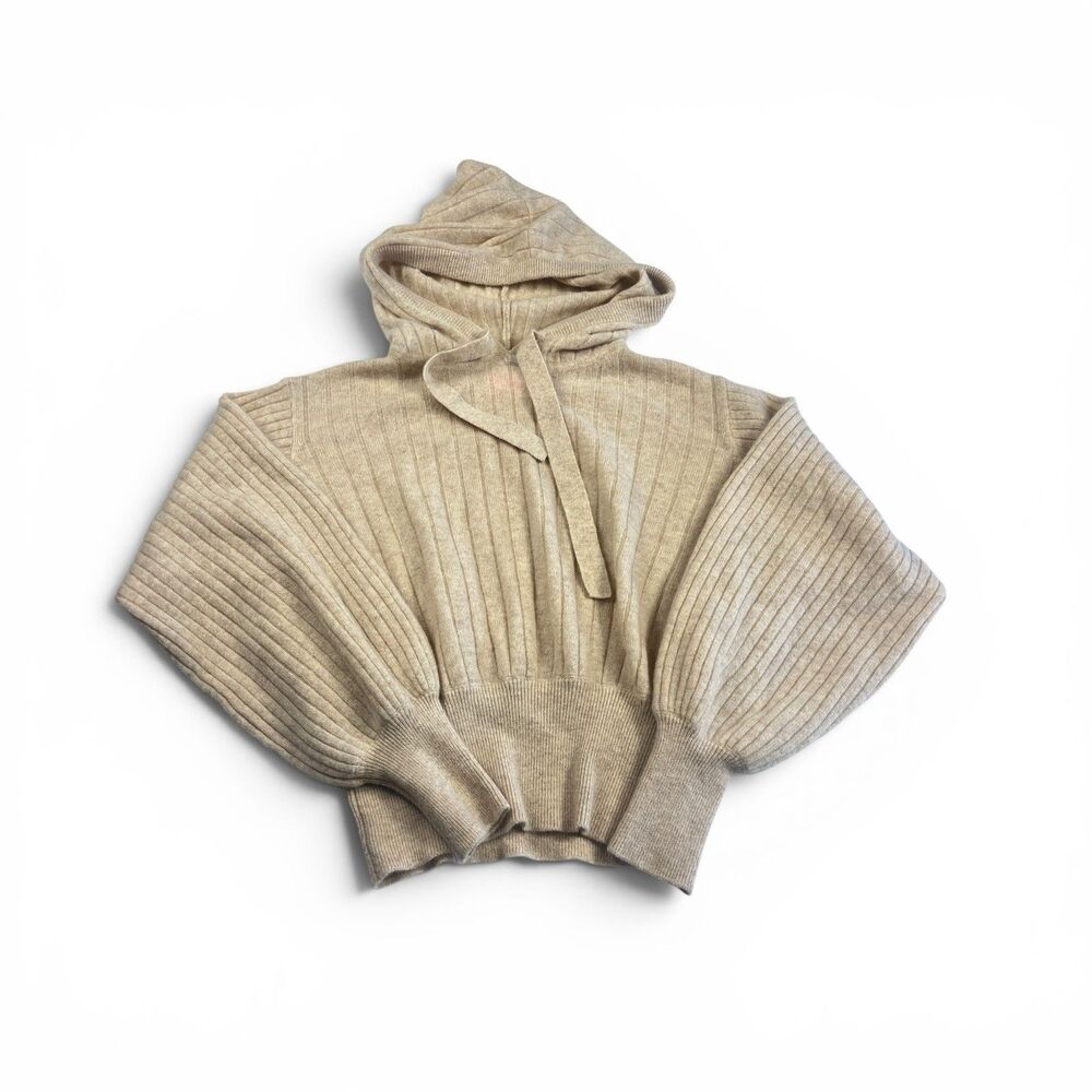 Crush Cashmere Cropped Hooded Sweater Beige Soft Cozy Luxe Knit Pullover 1 S